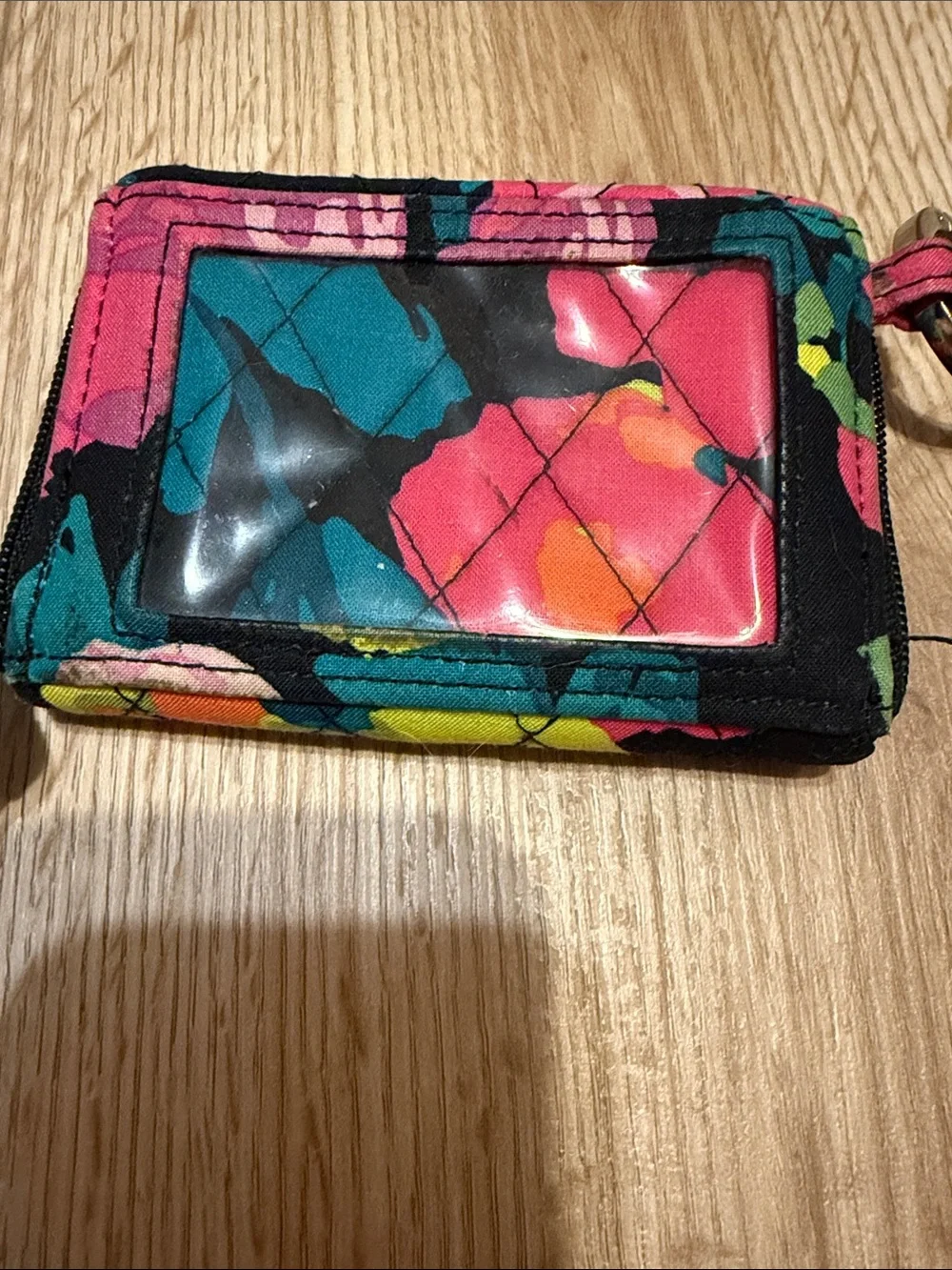 Vera Bradley Black Floral Quilted Zip Wallet with Keyring - Pink, Teal & Yellow
